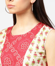 Red printed sleeveless cotton pleated top