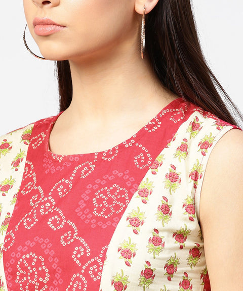 Red printed sleeveless cotton pleated top