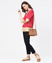 Pink half sleeve key hole neck cotton tops with printed border