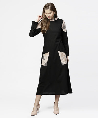 Black 3/4th sleeve cotton maxi dress with double pocket