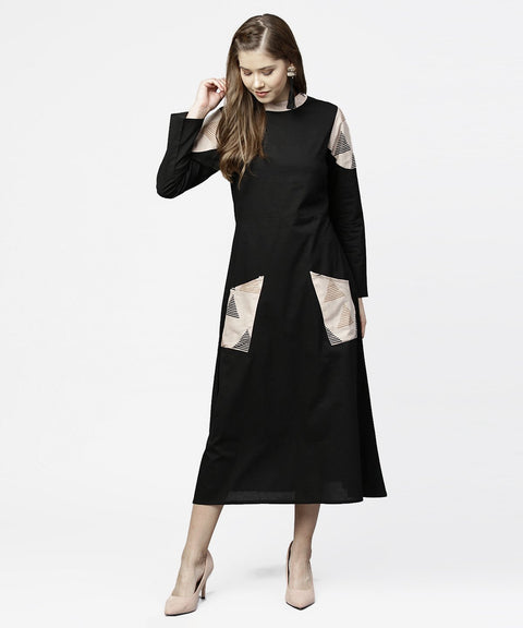 Black 3/4th sleeve cotton maxi dress with double pocket