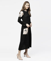 Black 3/4th sleeve cotton maxi dress with double pocket