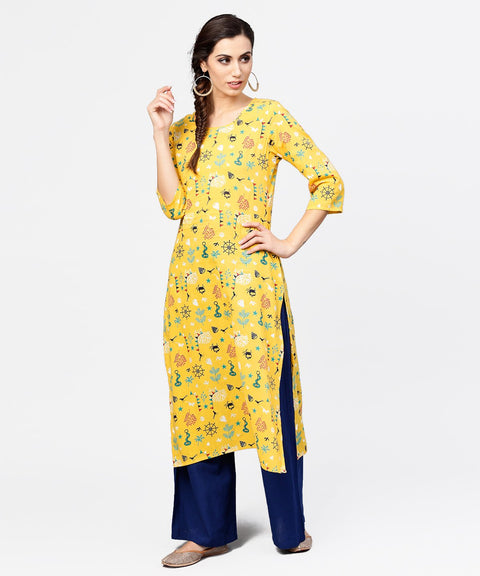 Yellow 3/4th sleeve cotton straight kurta