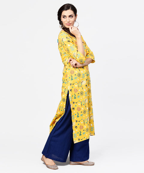 Yellow 3/4th sleeve cotton straight kurta