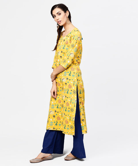 Yellow 3/4th sleeve cotton straight kurta