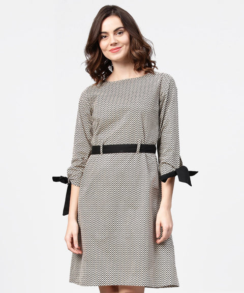 Black zig zag printed 3/4th sleeve cotton tunic with black belt