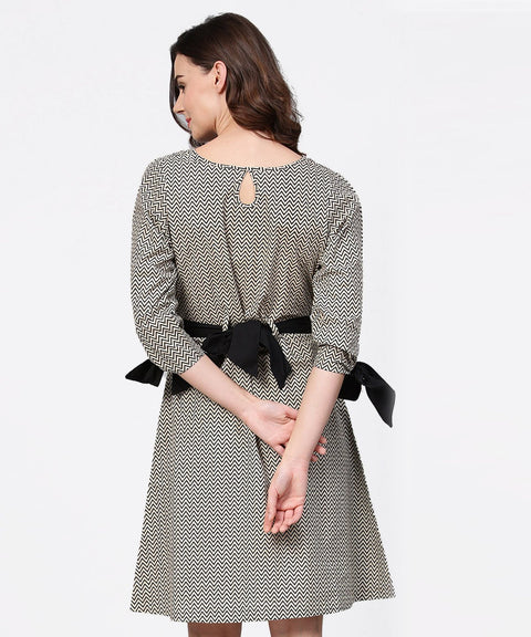 Black zig zag printed 3/4th sleeve cotton tunic with black belt