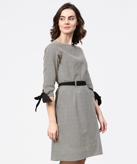 Black zig zag printed 3/4th sleeve cotton tunic with black belt