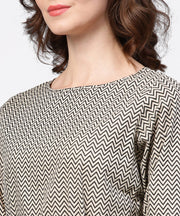 Black zig zag printed 3/4th sleeve cotton tunic with black belt