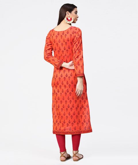 Red printed full sleeve straight cotton kurta