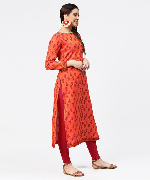 Red printed full sleeve straight cotton kurta