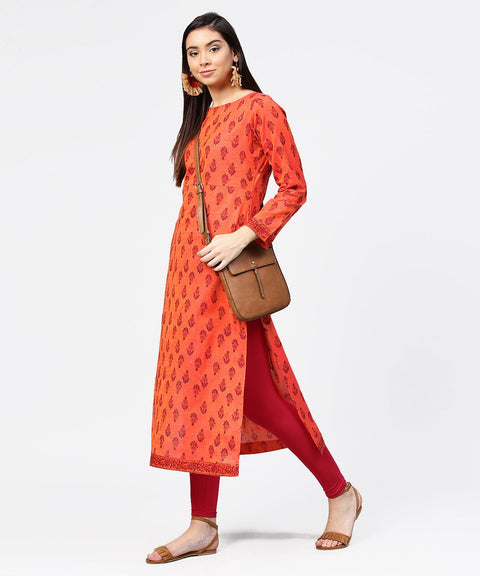 Red printed full sleeve straight cotton kurta