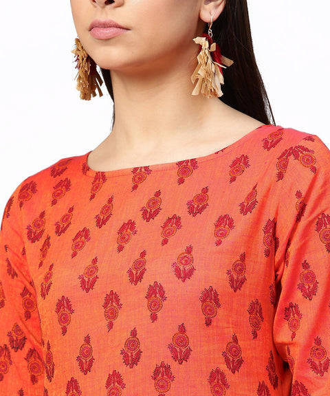 Red printed full sleeve straight cotton kurta