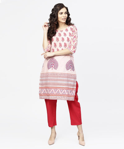 Off white printed 3/4th sleeve cotton kurta