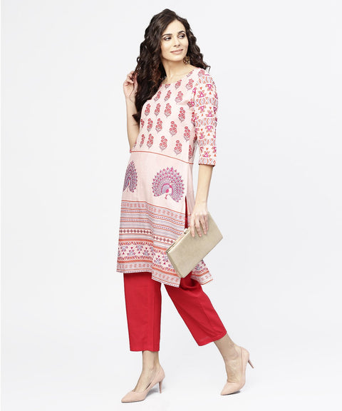 Off white printed 3/4th sleeve cotton kurta