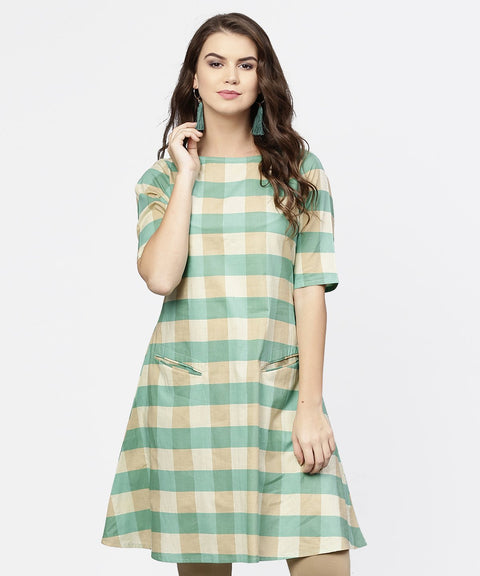 Green checked half sleeve cotton kurta