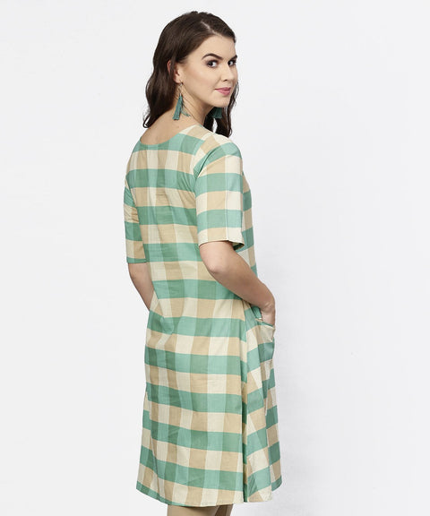 Green checked half sleeve cotton kurta