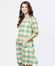 Green checked half sleeve cotton kurta
