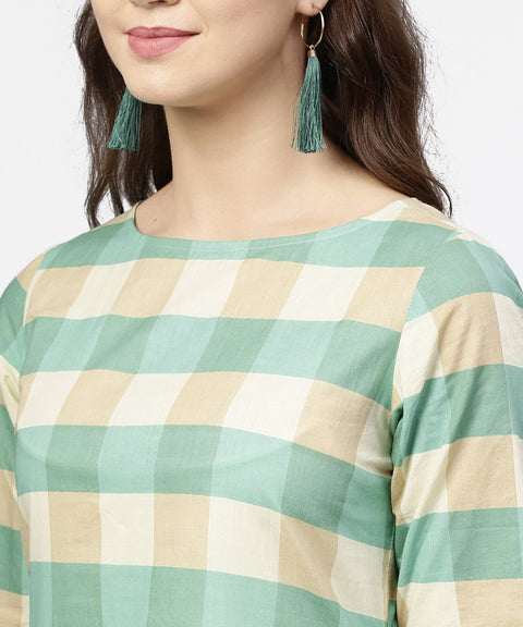 Green checked half sleeve cotton kurta