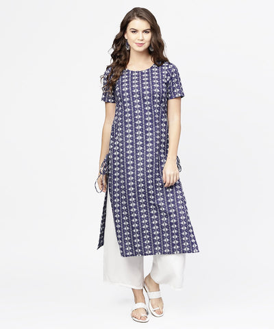 Blue half printed straight cotton kurta with dori work