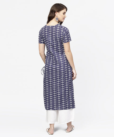 Blue half printed straight cotton kurta with dori work