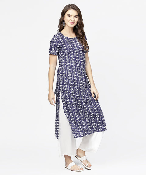Blue half printed straight cotton kurta with dori work