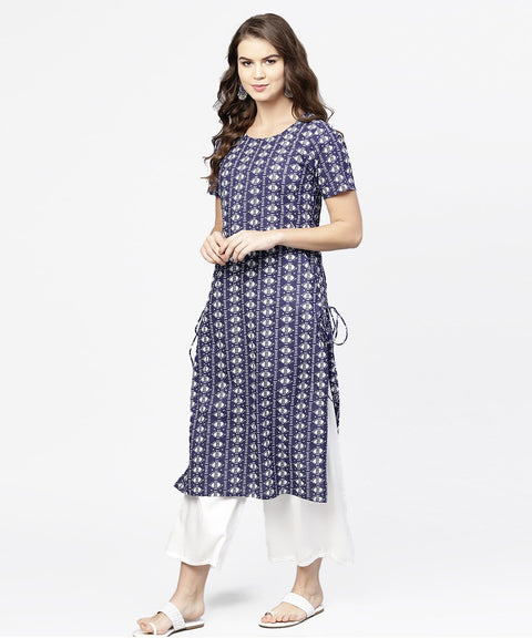 Blue half printed straight cotton kurta with dori work