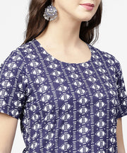 Blue half printed straight cotton kurta with dori work