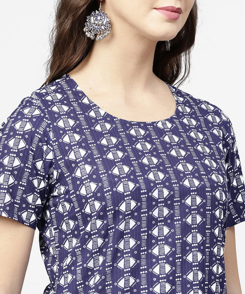 Blue half printed straight cotton kurta with dori work