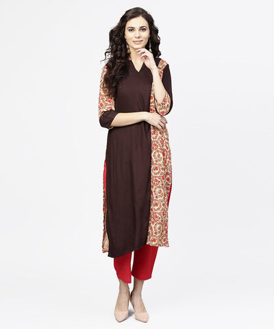 Black & Red printed 3/4th sleeve cotton straight kurta