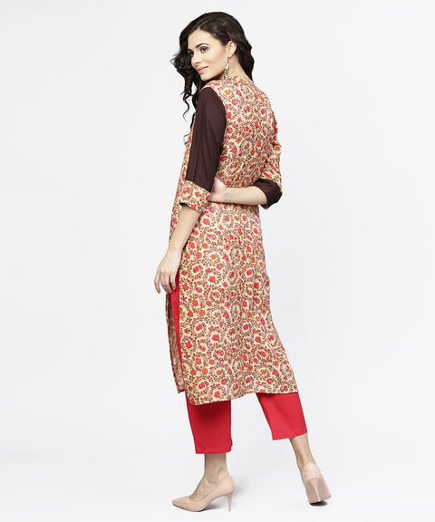 Black & Red printed 3/4th sleeve cotton straight kurta