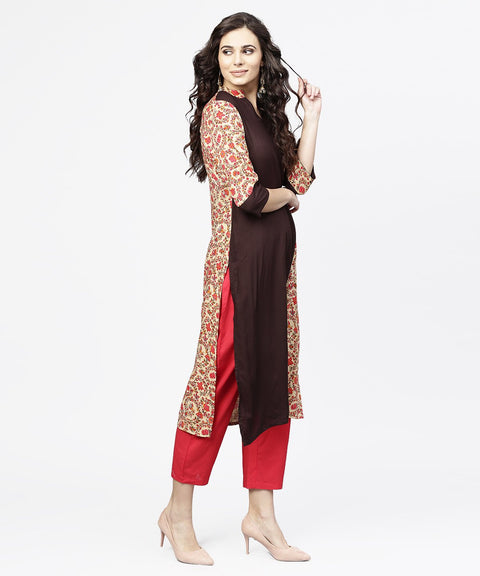 Black & Red printed 3/4th sleeve cotton straight kurta