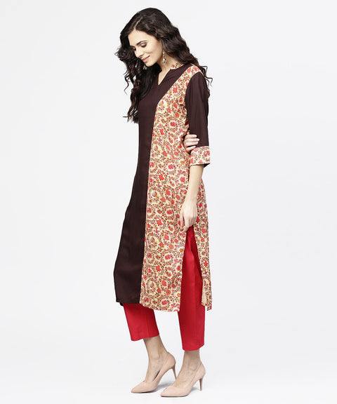 Black & Red printed 3/4th sleeve cotton straight kurta