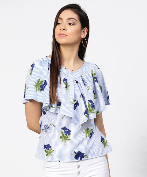 Blue striped cowl design V-neck crop tops