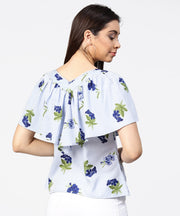 Blue striped cowl design V-neck crop tops