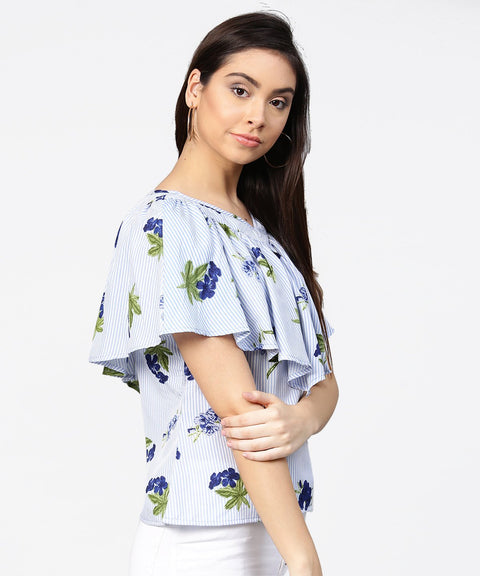 Blue striped cowl design V-neck crop tops