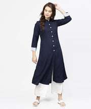 Navy blue 3/4th sleeve crepe A-line kurta with button at front