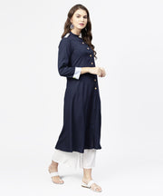 Navy blue 3/4th sleeve crepe A-line kurta with button at front