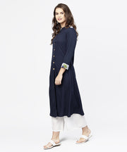 Navy blue 3/4th sleeve crepe A-line kurta with button at front