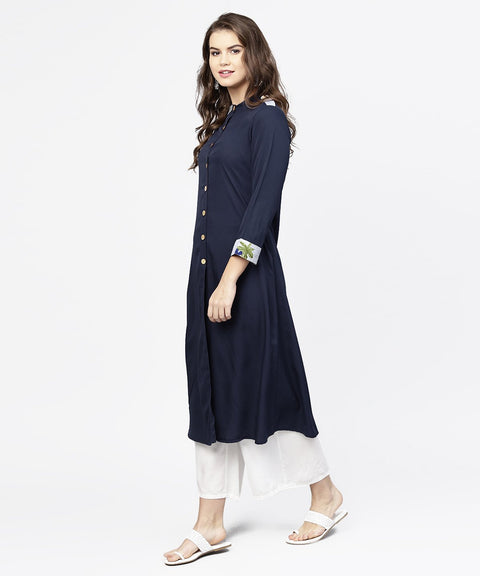 Navy blue 3/4th sleeve crepe A-line kurta with button at front