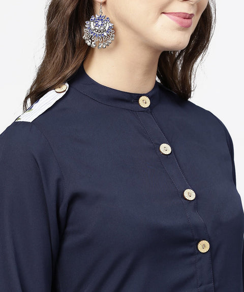 Navy blue 3/4th sleeve crepe A-line kurta with button at front