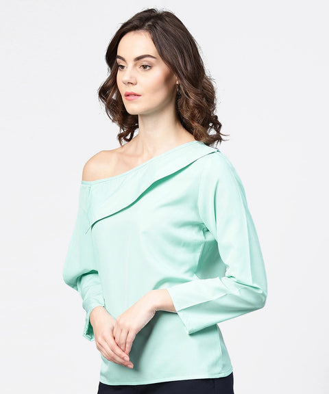 Aqua blue full sleeve one side shoulder tops