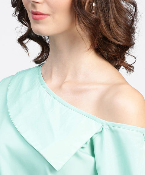Aqua blue full sleeve one side shoulder tops