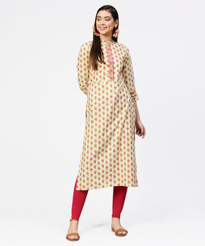Off white printed 3/4th sleeve cotton straight kurta