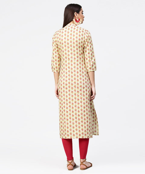 Off white printed 3/4th sleeve cotton straight kurta