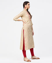 Off white printed 3/4th sleeve cotton straight kurta