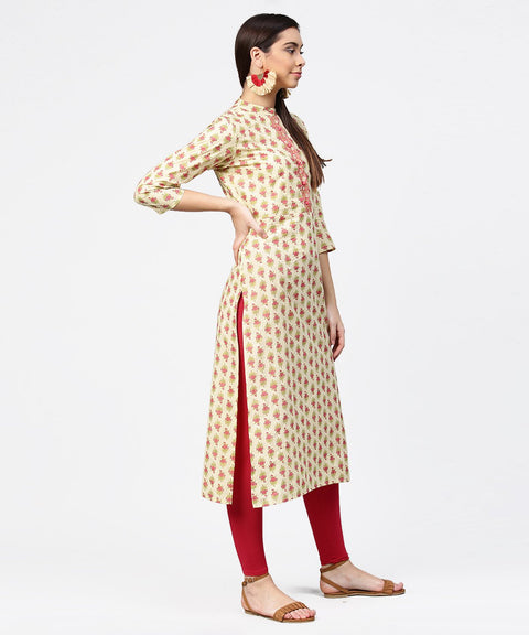 Off white printed 3/4th sleeve cotton straight kurta