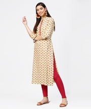 Off white printed 3/4th sleeve cotton straight kurta