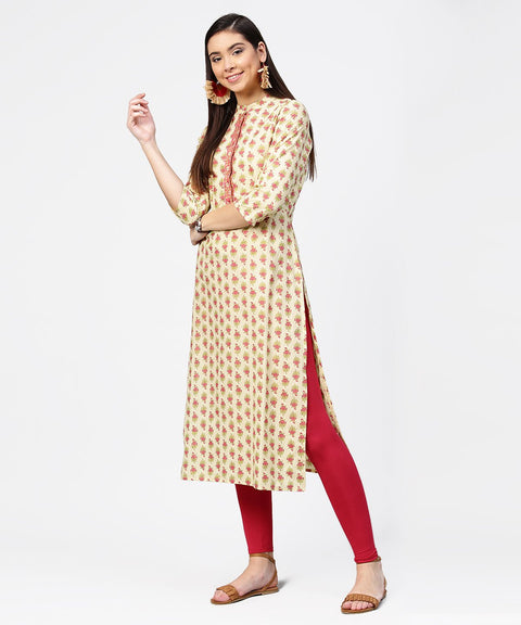 Off white printed 3/4th sleeve cotton straight kurta
