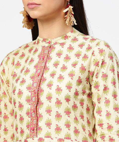 Off white printed 3/4th sleeve cotton straight kurta
